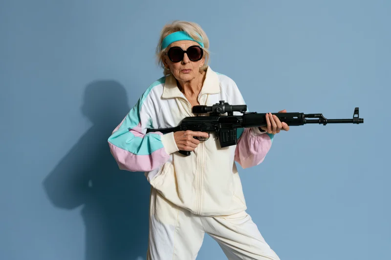 Elderly woman aiming rifle in retro tracksuit against blue background