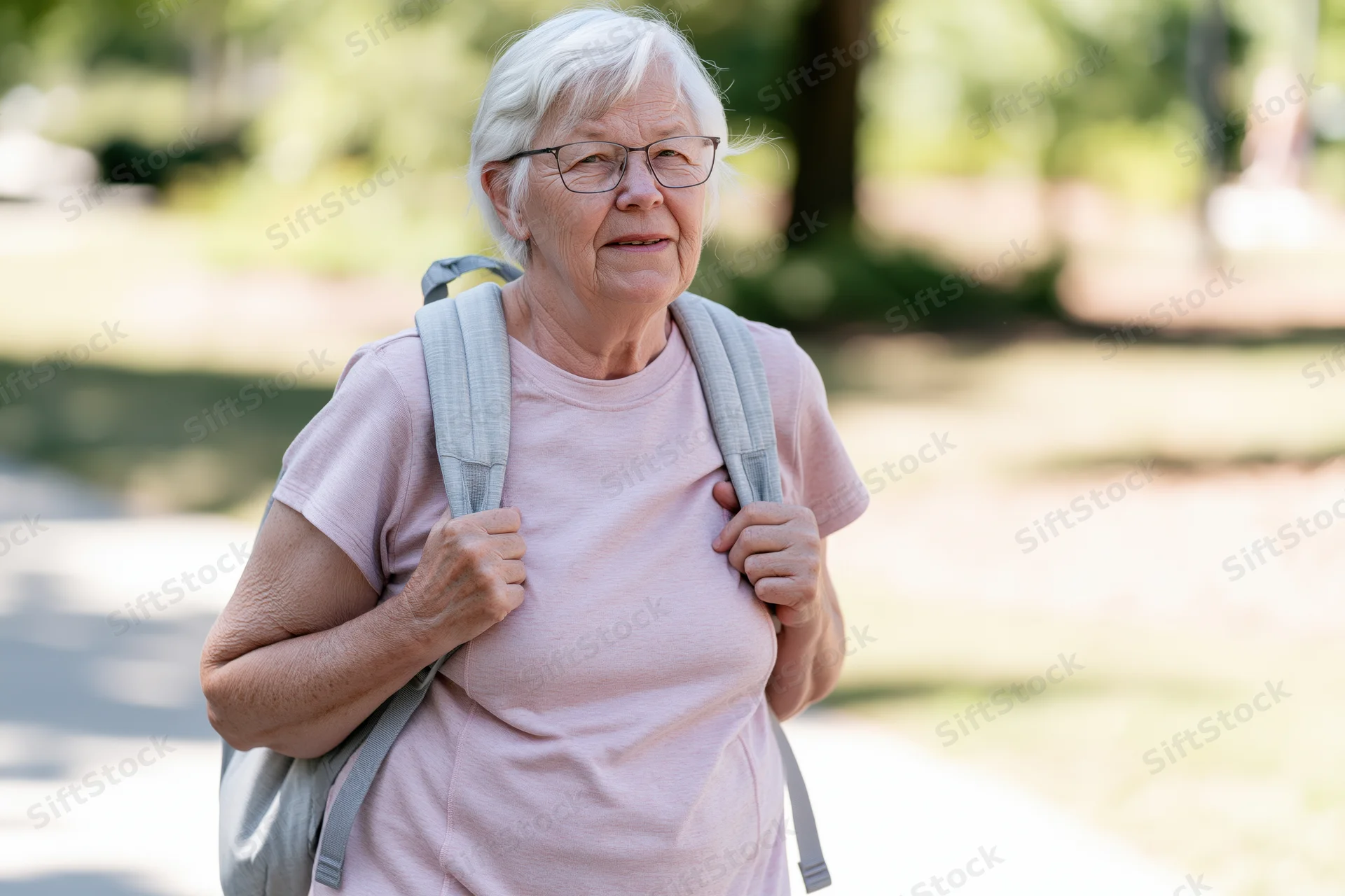 Elderly woman walking outdoors in a park with backpack and glasses