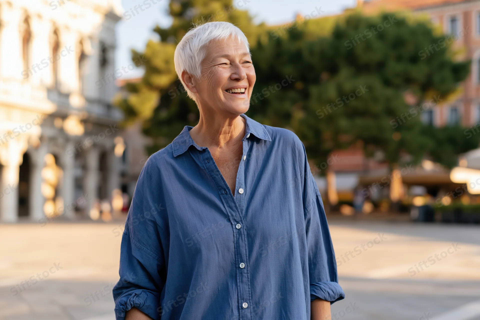 Smiling senior woman in blue shirt standing in sunlit city plaza with historic columns and trees in background