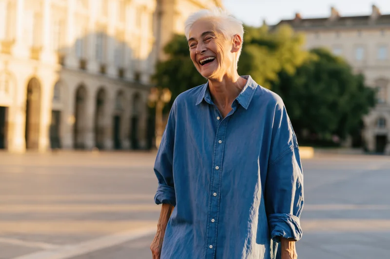 Elderly woman laughing outdoors in a city plaza during golden hour