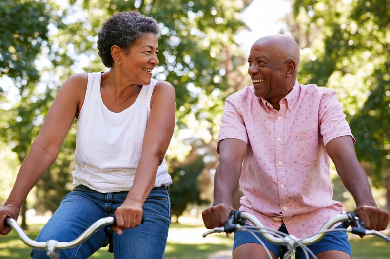 Senior africanamerican couple cycling together in a park smiling at each other