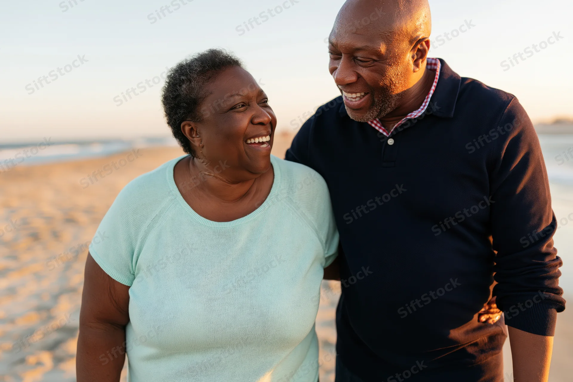 Senior african american couple smiling and laughing together on a sandy beach at sunset