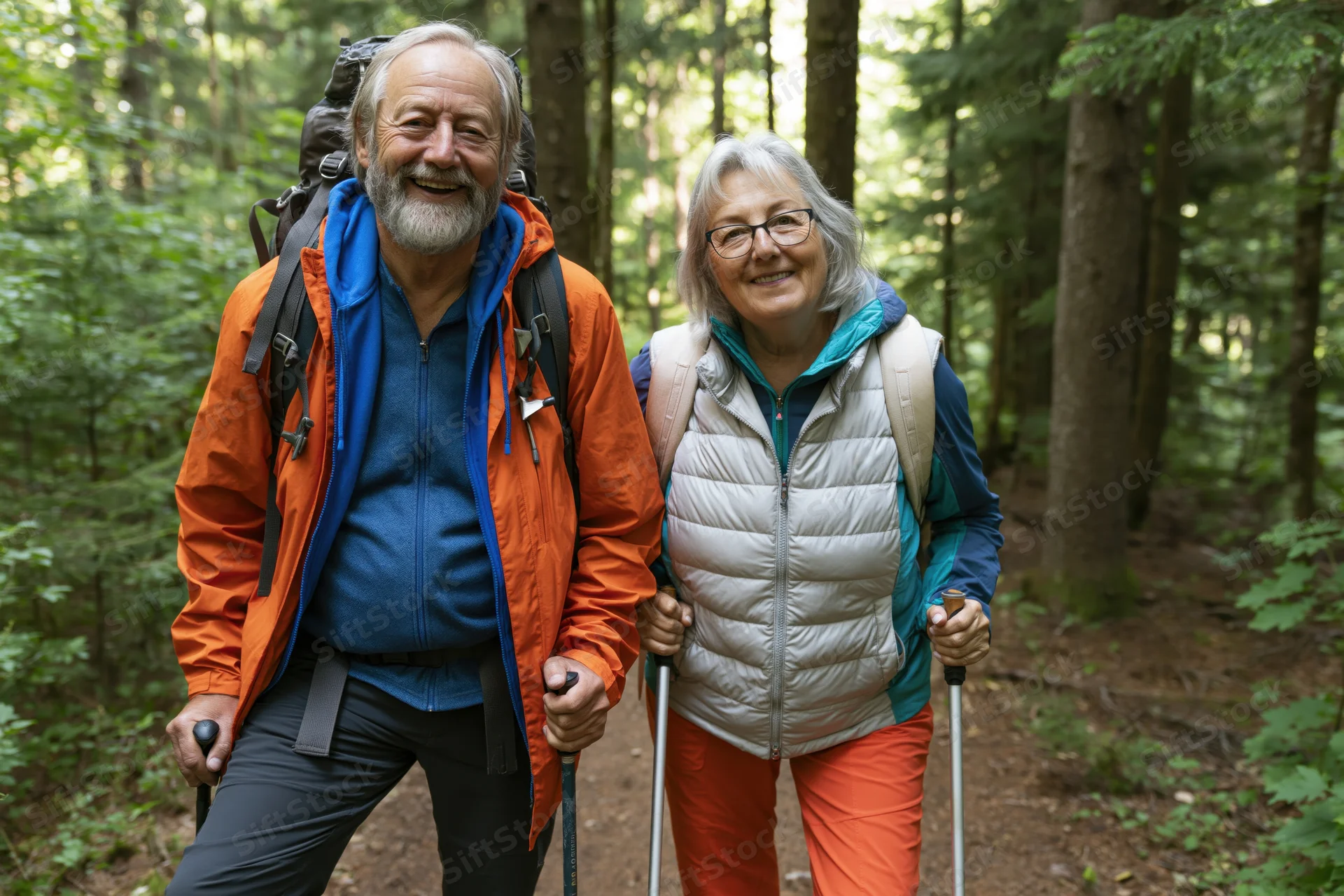 Senior couple hiking on a forest trail with backpacks and trekking poles