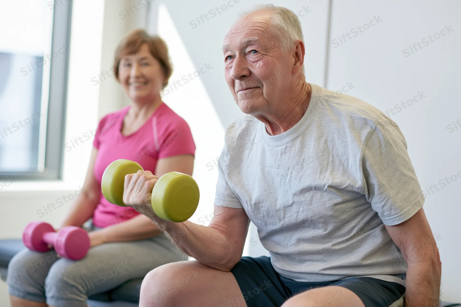 Senior man lifting green dumbbell while seated, woman in pink shirt exercising beside him in bright gym
