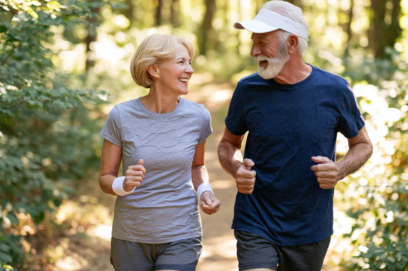 Senior couple jogging together on a forest path smiling and laughing