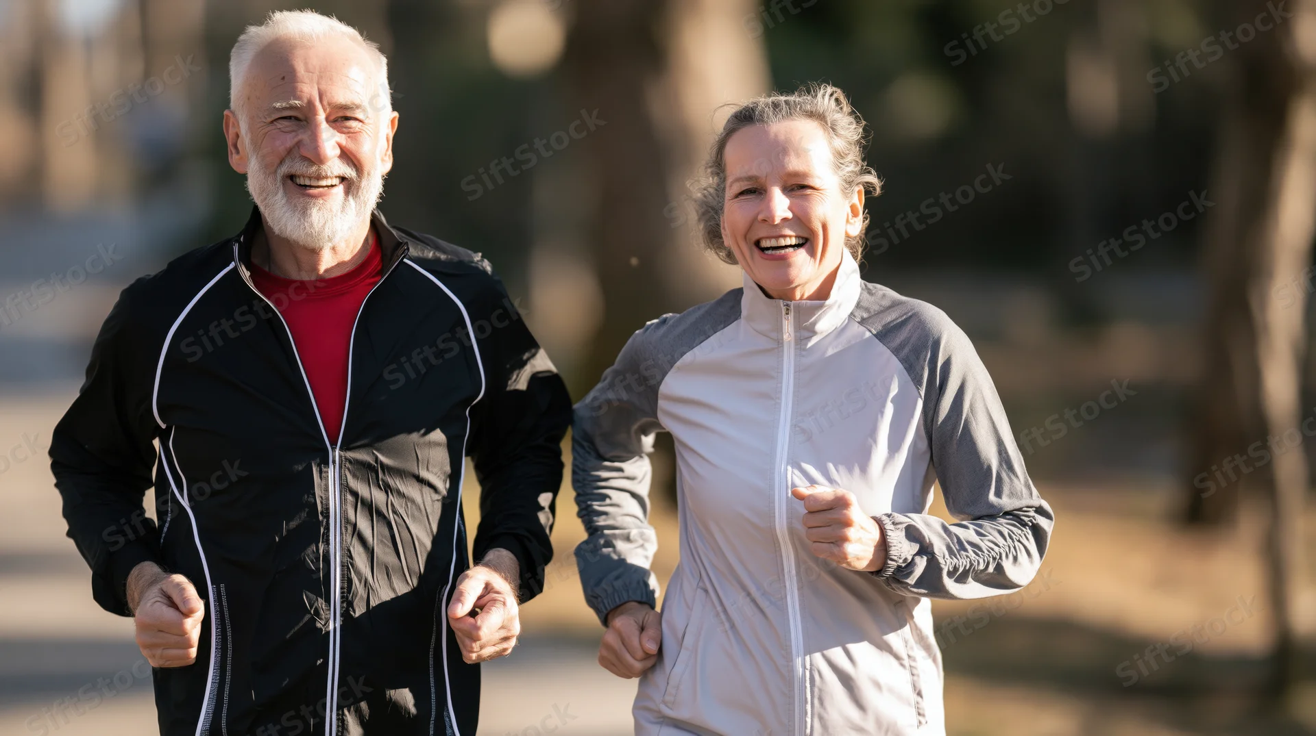 Senior couple jogging together in a park on a sunny day