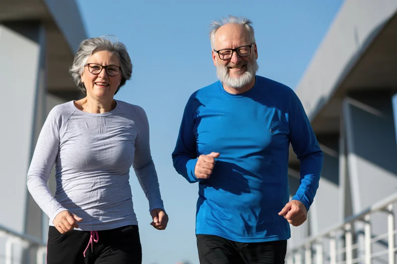 Senior couple jogging side by side on a bridge sidewalk in daylight