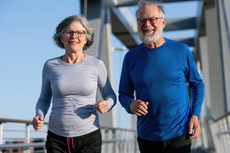 Senior couple jogging side by side on a bridge in daylight
