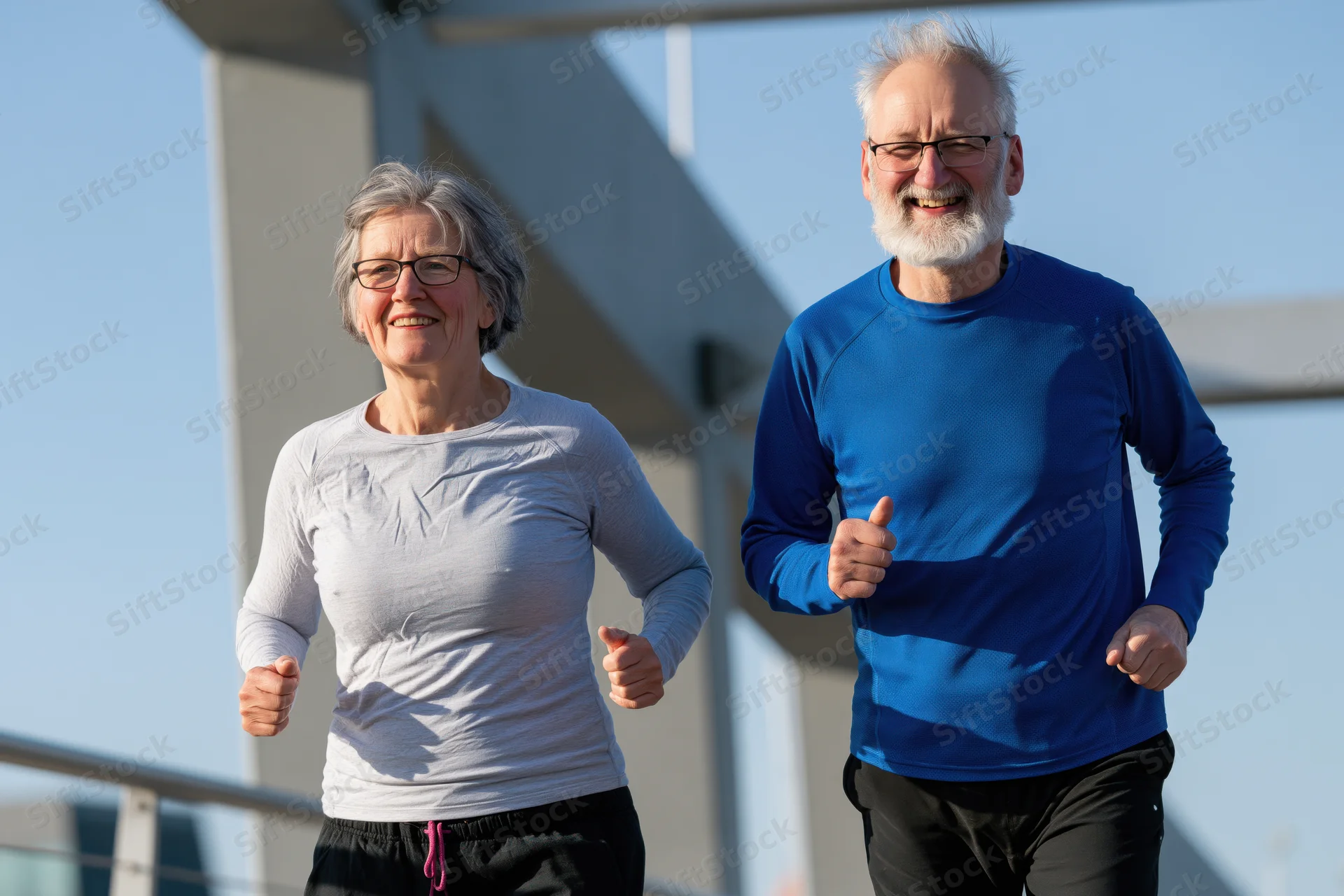Senior couple jogging side by side outdoors smiling in athletic wear