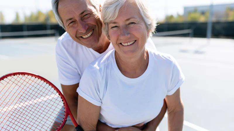 Smiling senior couple embracing on a tennis court with a racket in hand