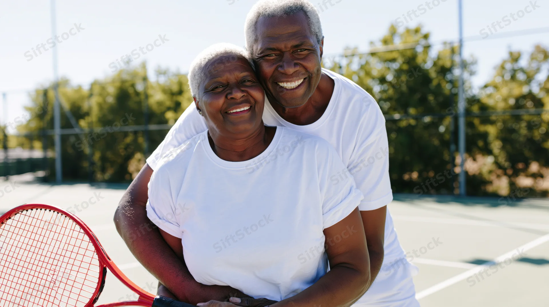 Senior africanamerican couple embracing on tennis court with racket, smiling in sunlight