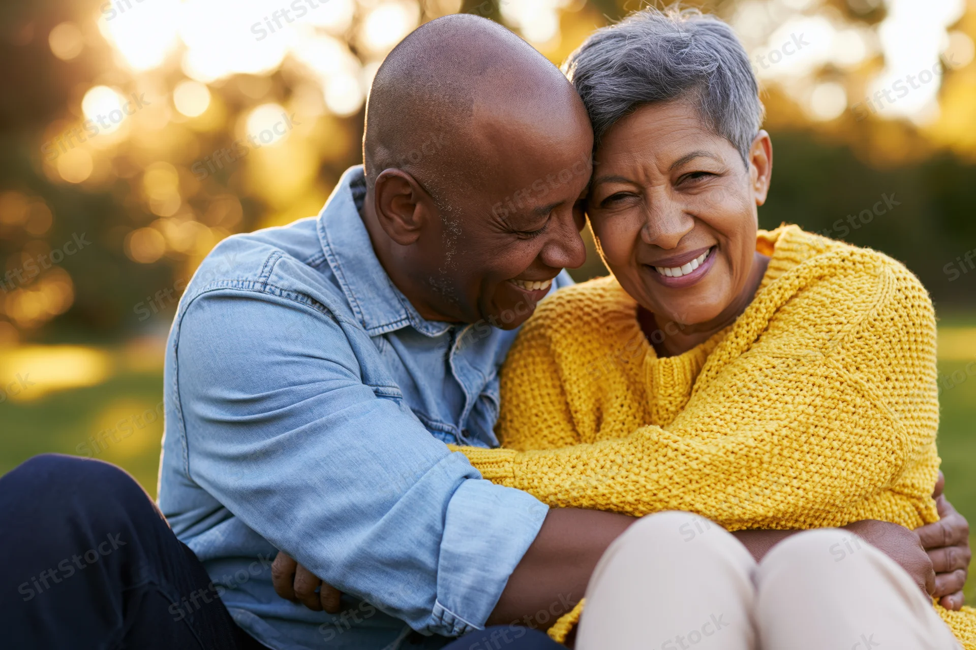 Senior african couple embracing and smiling in a park at sunset