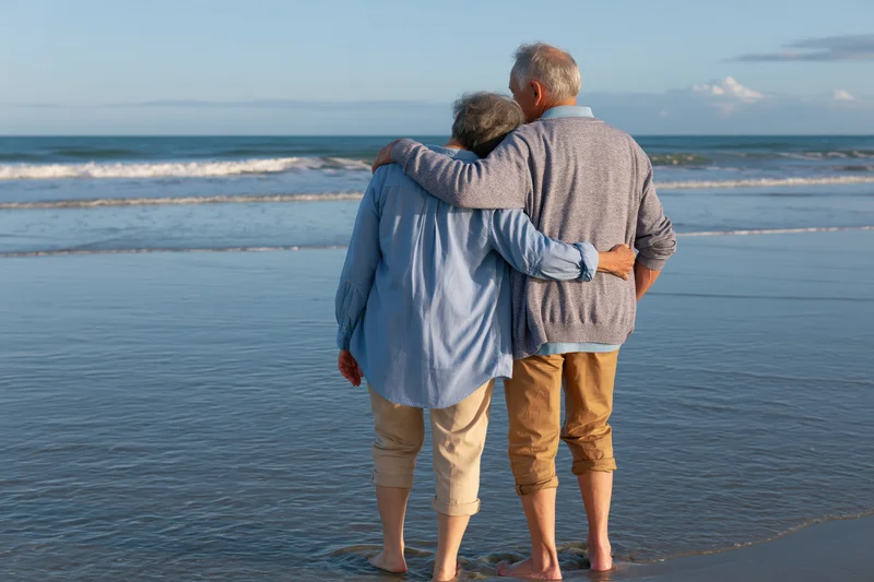 Senior couple embracing barefoot on a beach at the shoreline