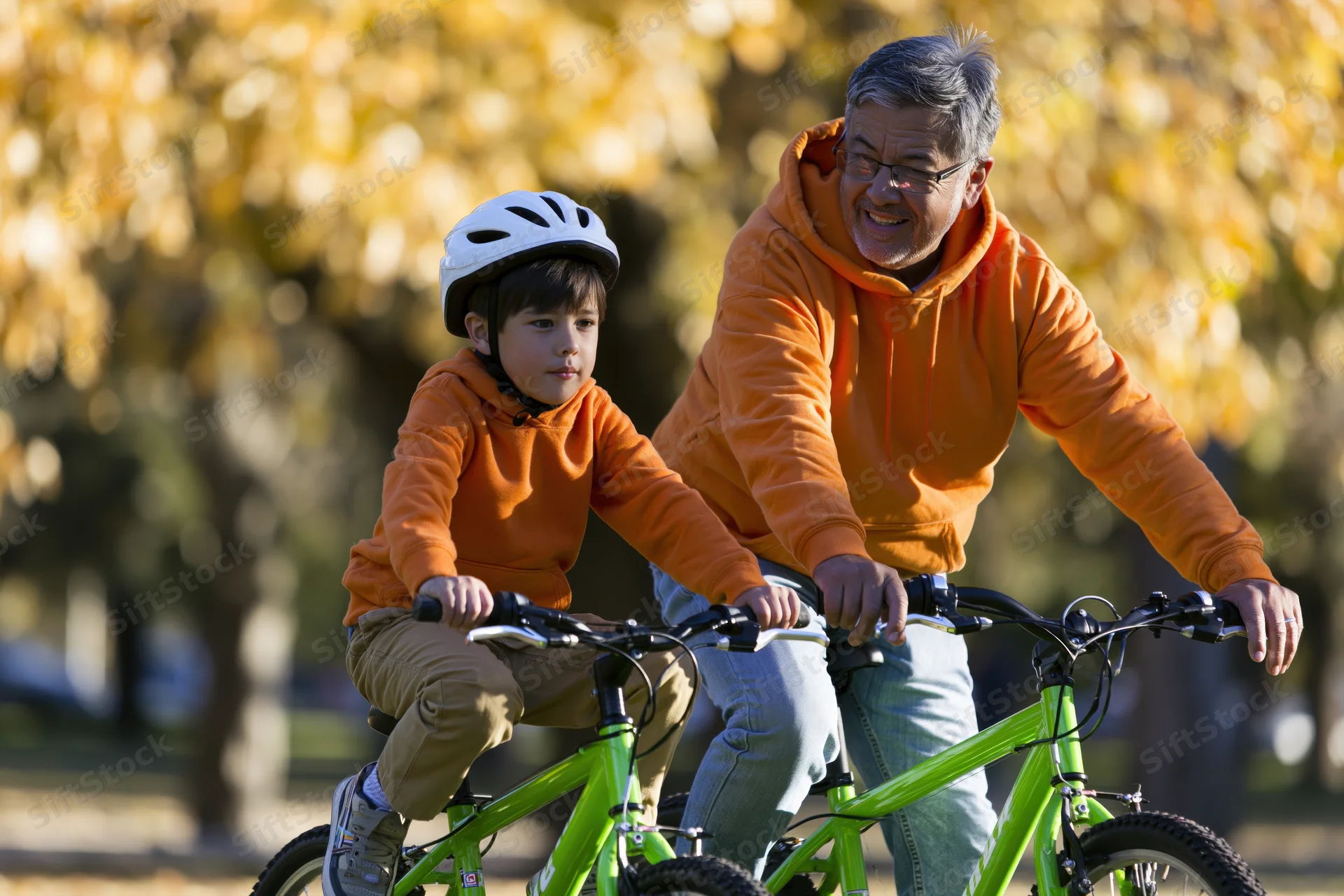 Father and son riding bicycles in a park during autumn