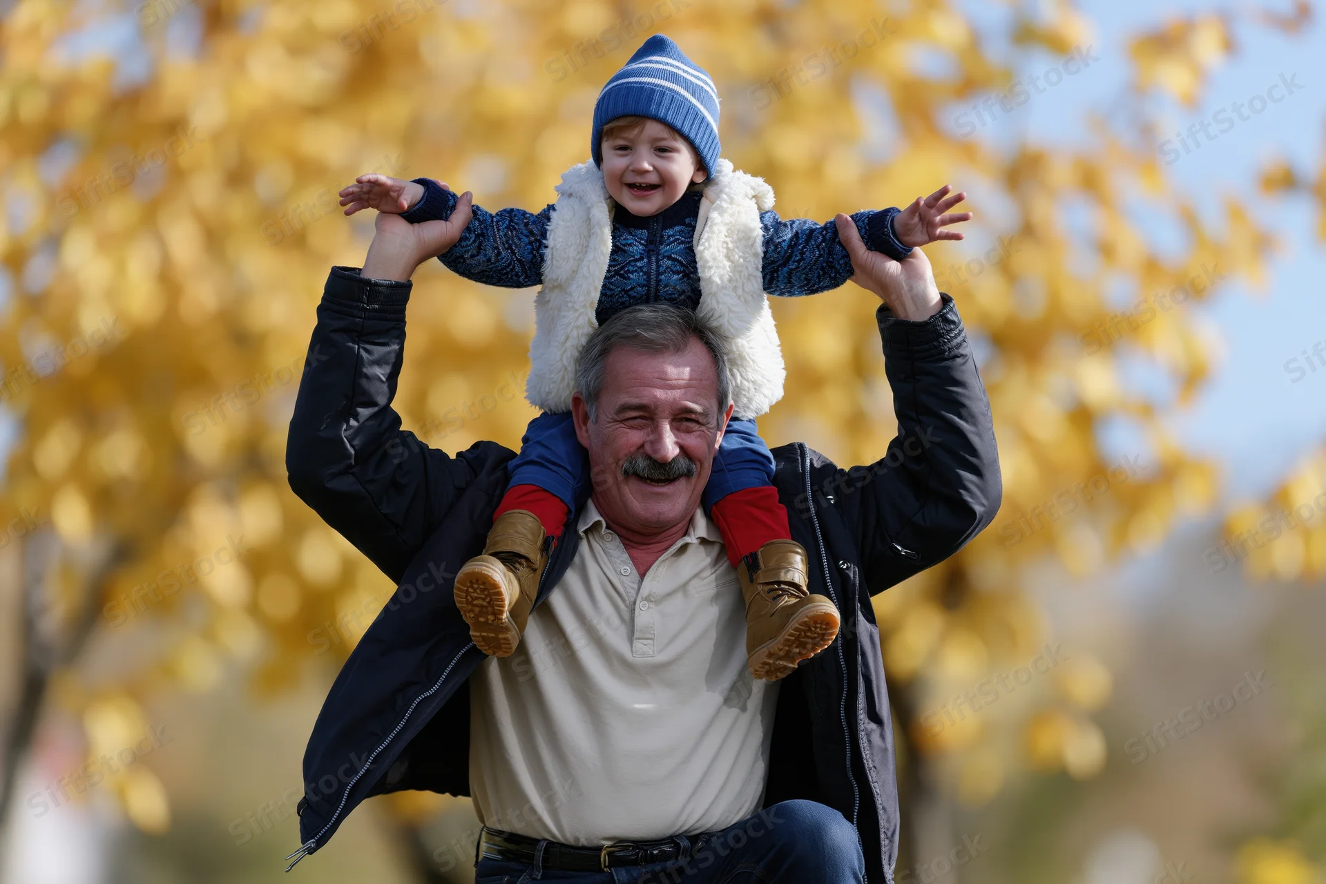 Grandfather carrying toddler on shoulders outdoors in autumn park