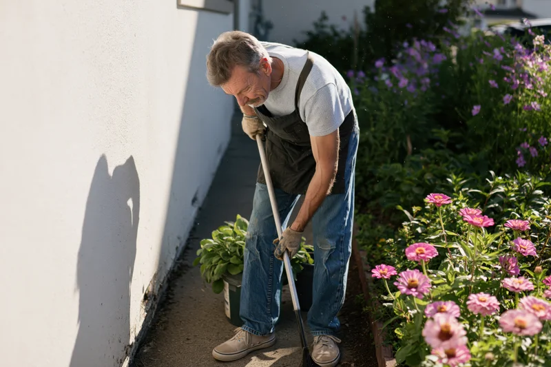 Senior man gardening with hoe along a white wall beside pink zinnias in a backyard garden