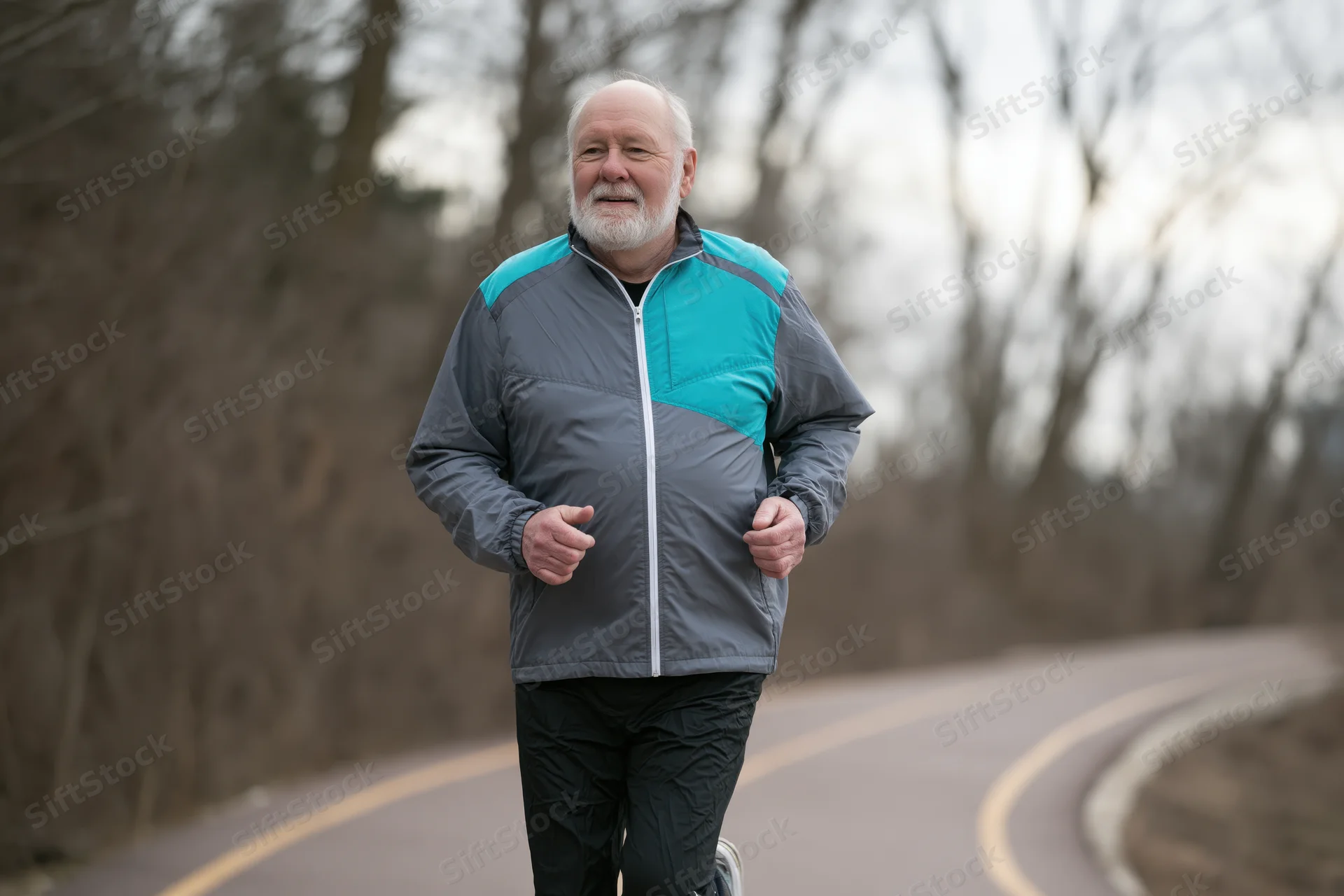 Senior man jogging on a curving road in a wooded area