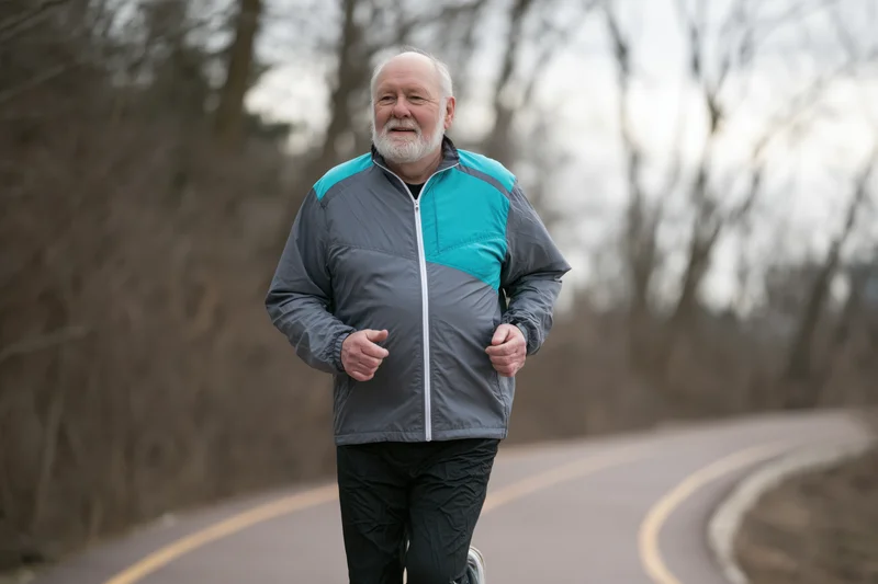 Senior man jogging on a curving road in a wooded area