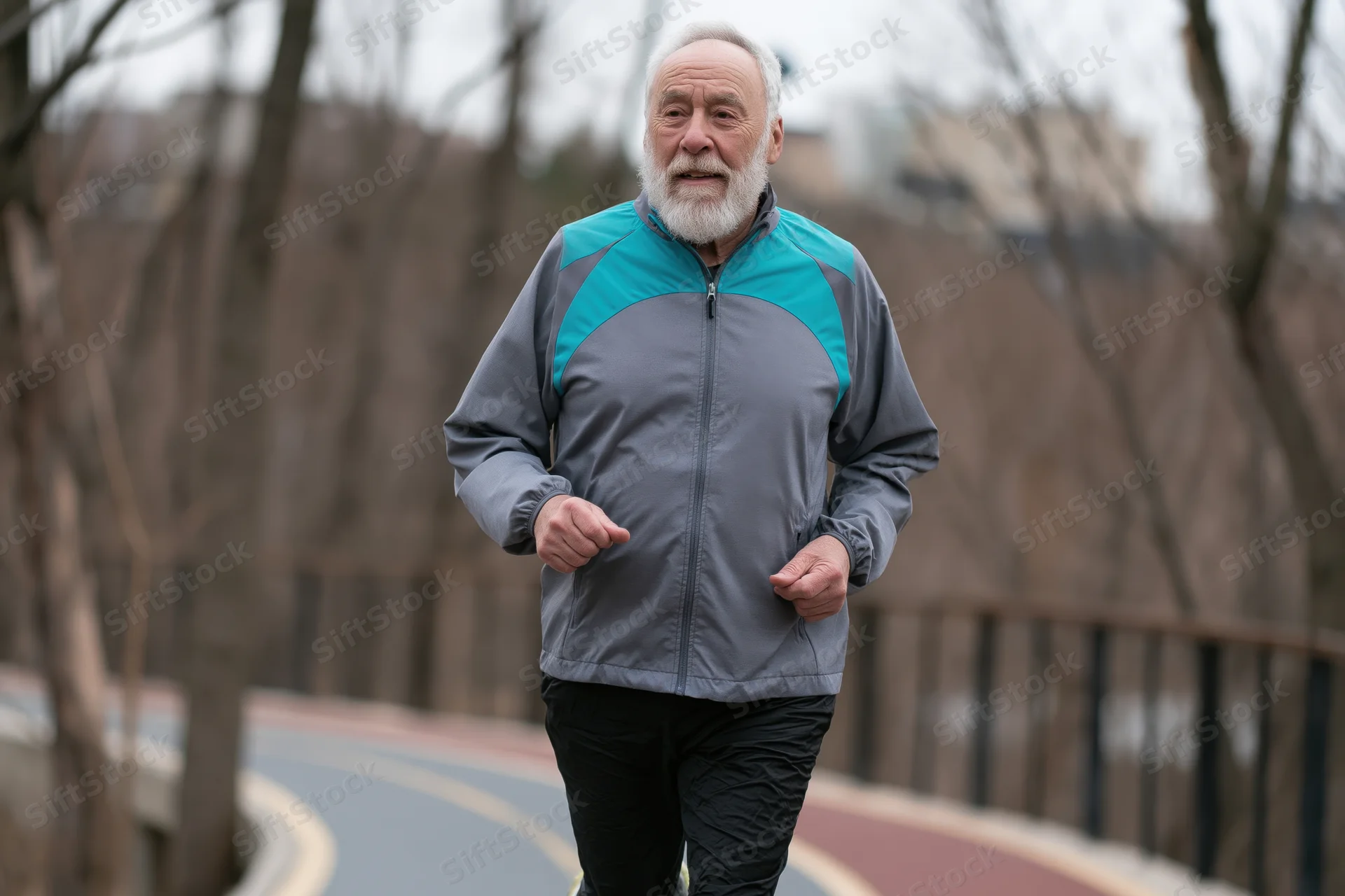 Senior man jogging on a curving outdoor track in a park