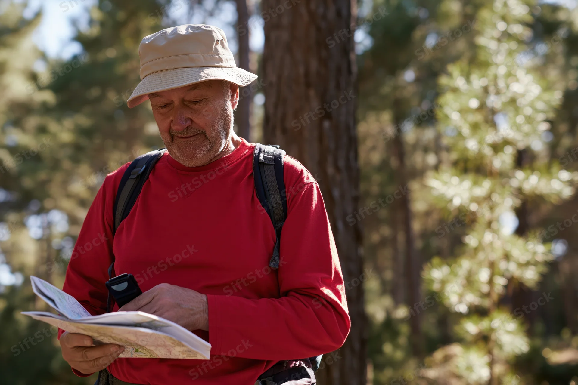 Senior man reading map while hiking in forest with backpack and hat