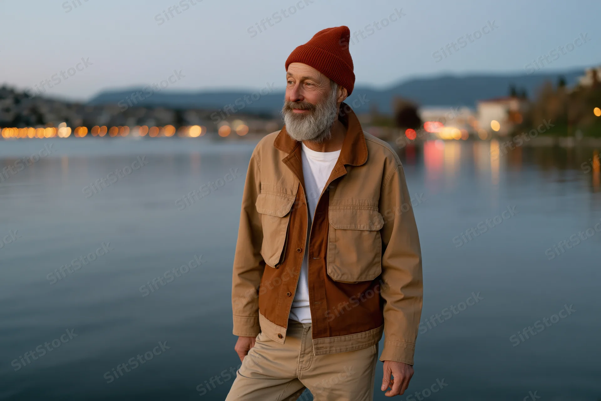 Senior man with gray beard standing by a lake at twilight, wearing a brown jacket and red beanie, looking off into the distance