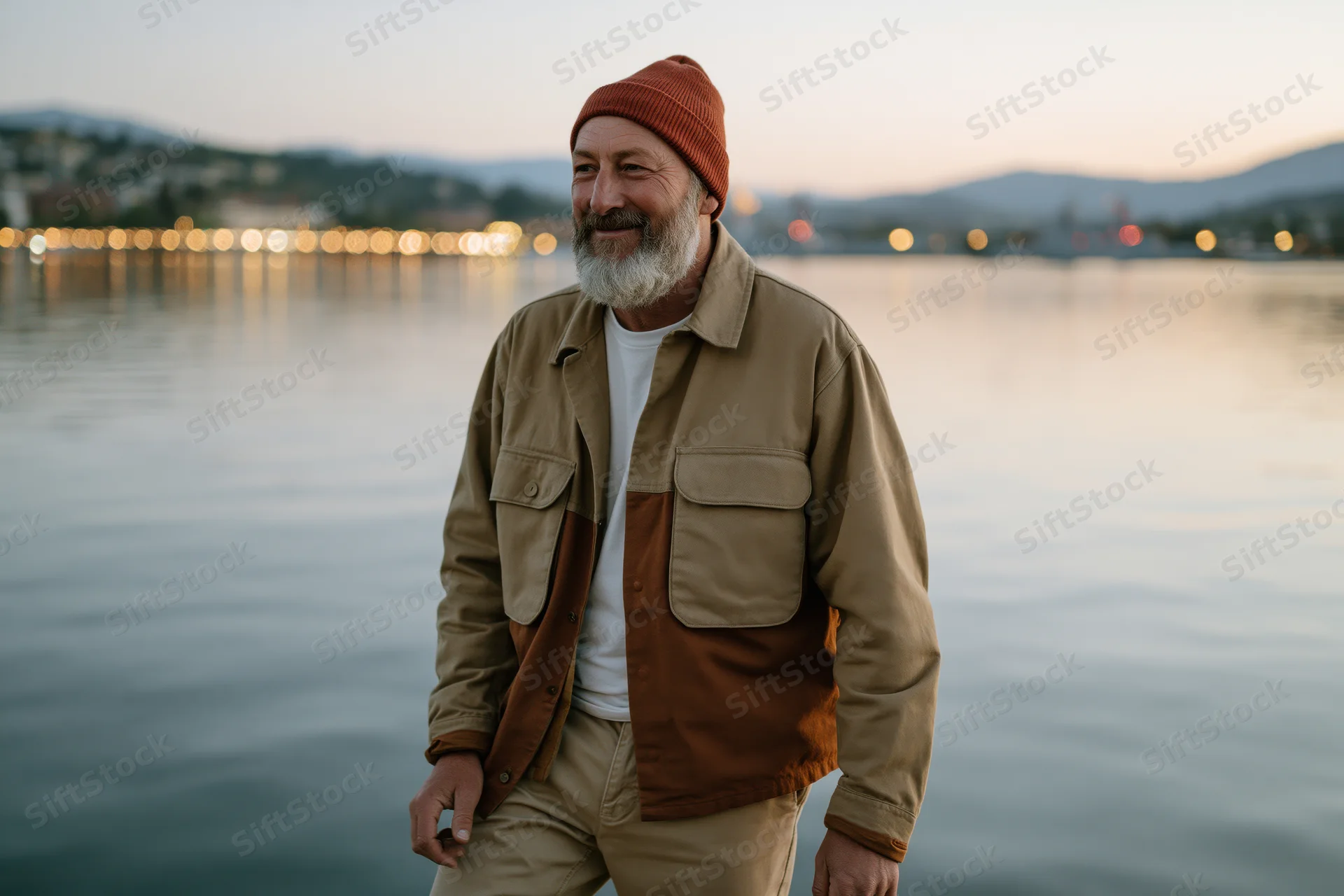 Senior man with gray beard smiling by a lake at twilight, wearing a beige and brown jacket and orange beanie