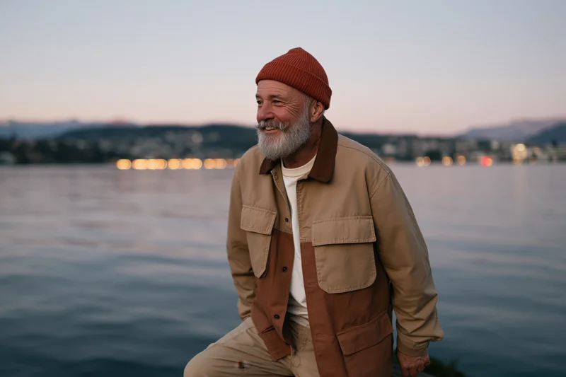 Senior man with gray beard smiling by a lake at twilight, city lights reflecting on water