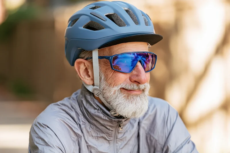 Senior man with blue helmet and sunglasses smiling while cycling outdoors