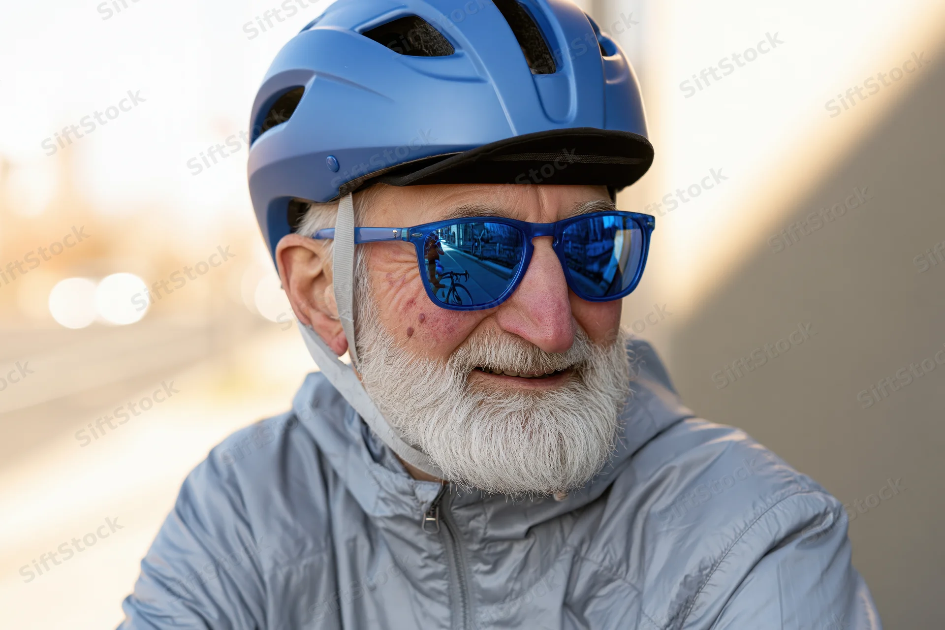 Senior man wearing blue helmet and sunglasses, smiling while cycling in urban setting