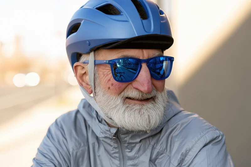Senior man wearing blue helmet and sunglasses, smiling while cycling in urban setting