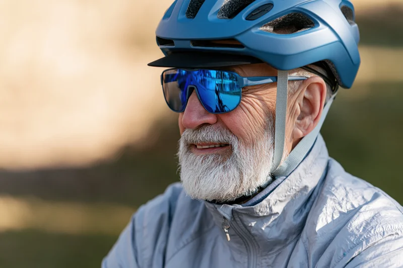 Senior man with blue helmet and sunglasses smiling outdoors during cycling activity