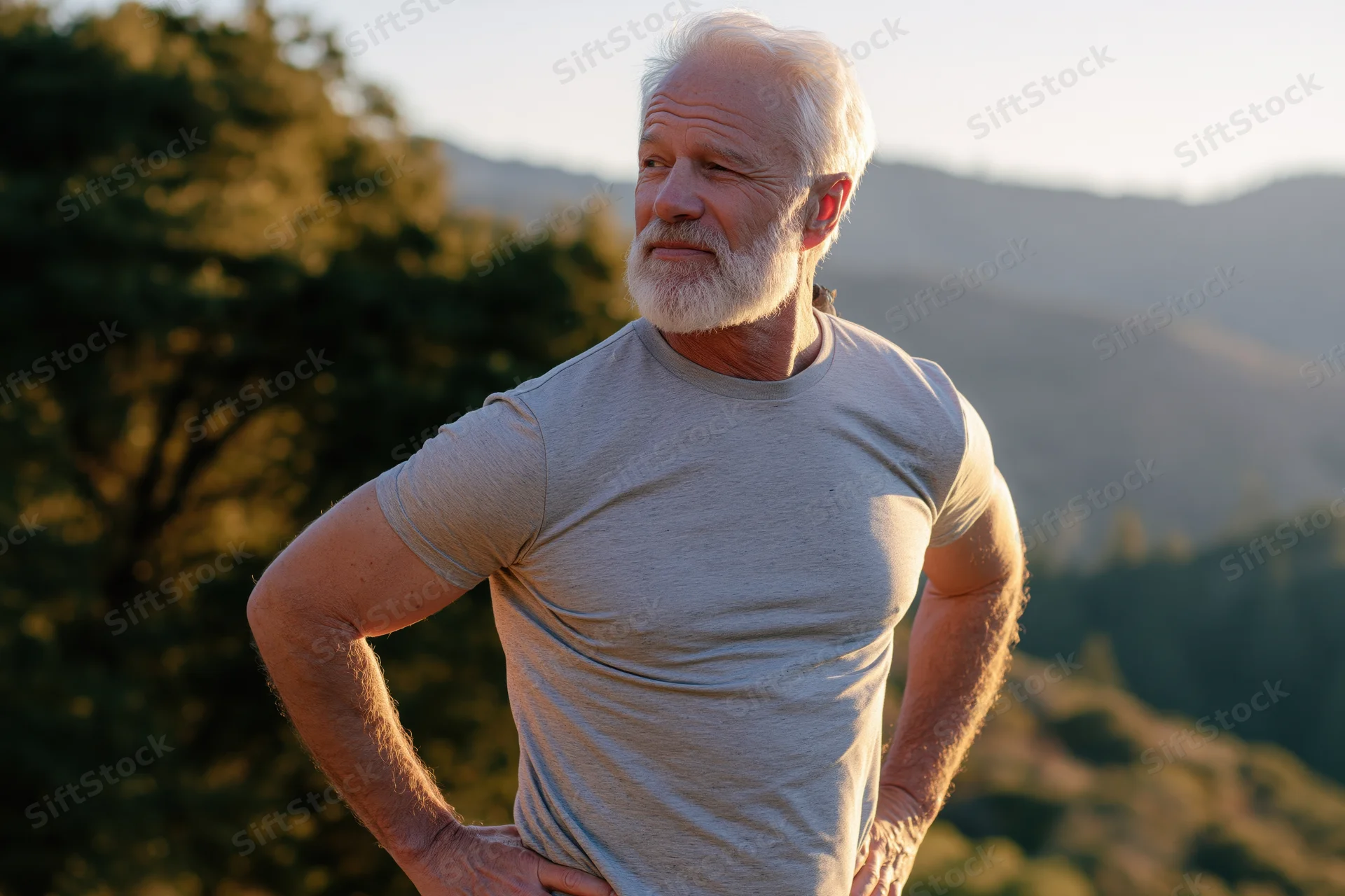 Senior man with white hair and beard standing outdoors with hands on hips against mountainous landscape at sunset