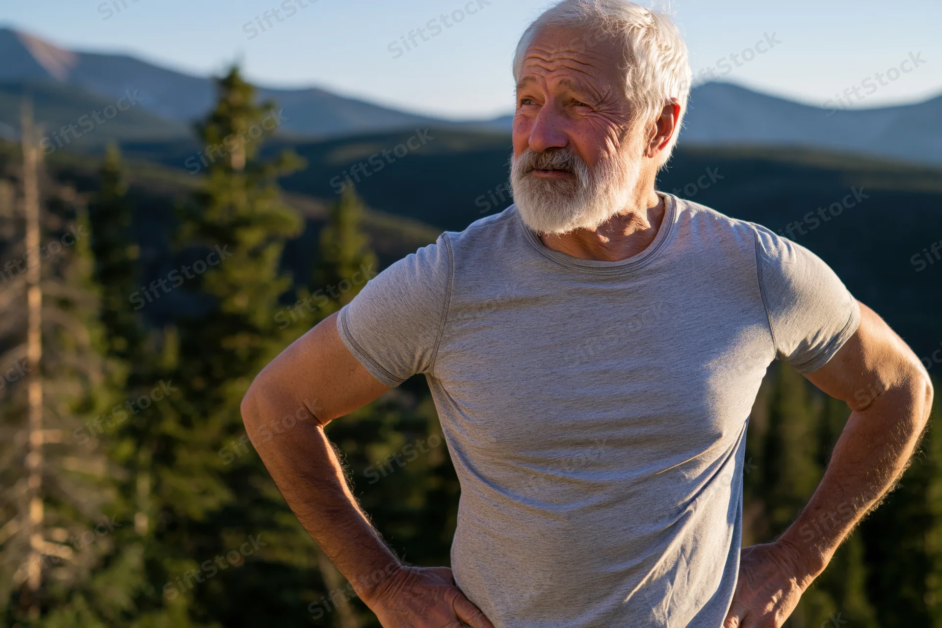Senior man with white beard standing with hands on hips in mountain forest landscape