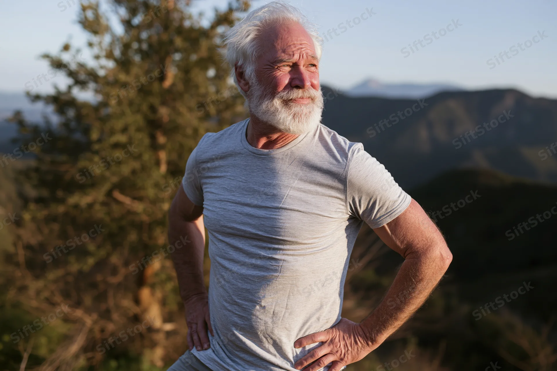 Senior man with white beard standing hands on hips overlooking mountain landscape at sunset