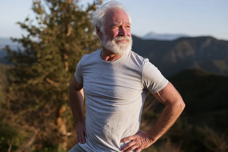 Senior man with white beard standing hands on hips overlooking mountain landscape at sunset