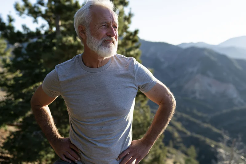 Senior man with hands on hips standing on mountain trail overlooking valley
