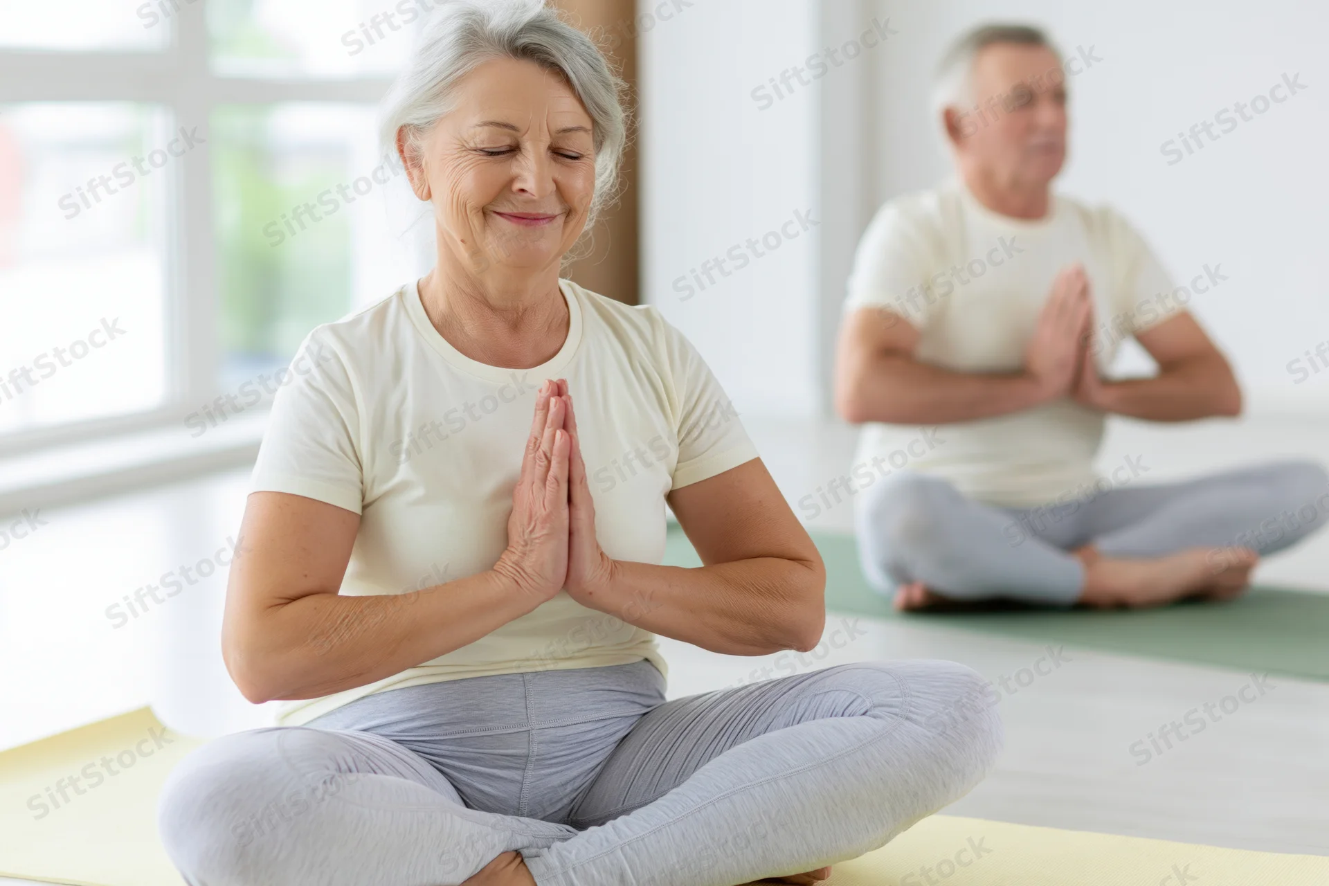 Senior woman meditating in lotus pose with hands in prayer position on yoga mat, man in background also meditating indoors