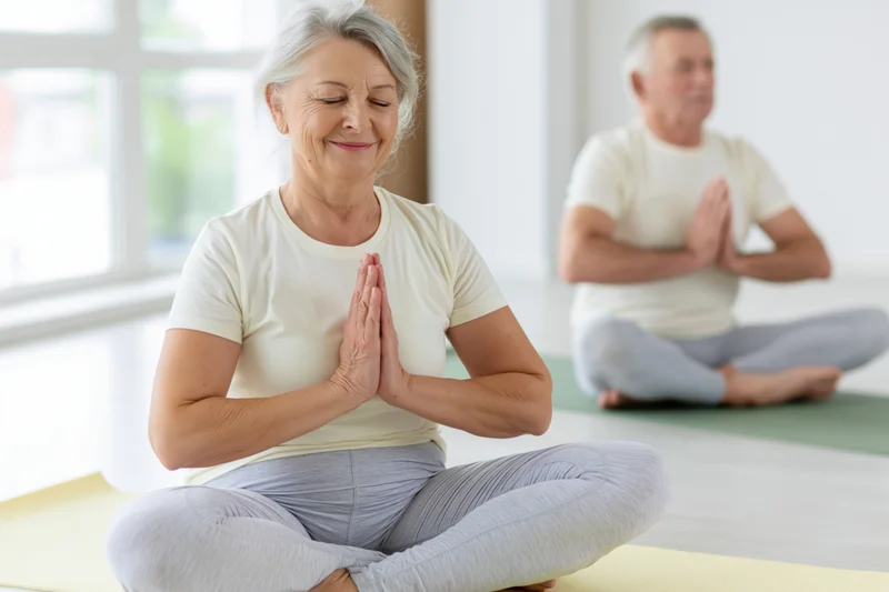 Senior woman meditating in lotus pose with hands in prayer position on yoga mat, man in background also meditating indoors