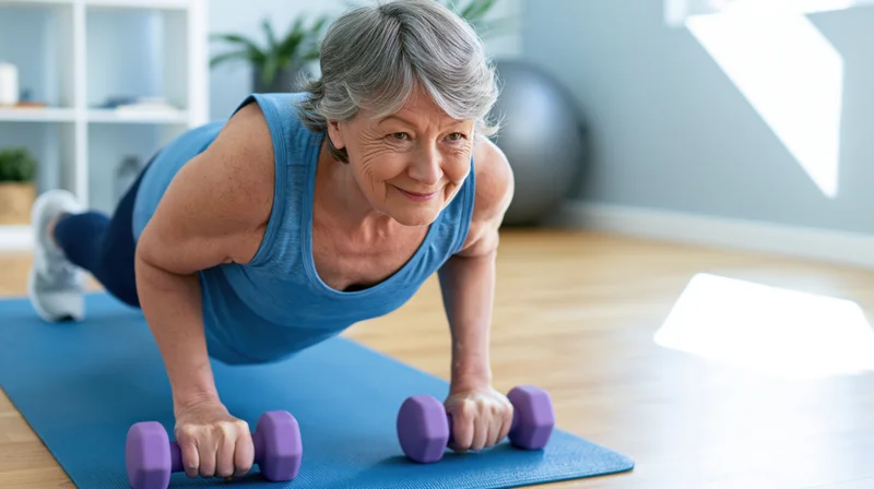 Senior woman doing pushups with dumbbells on a yoga mat at home