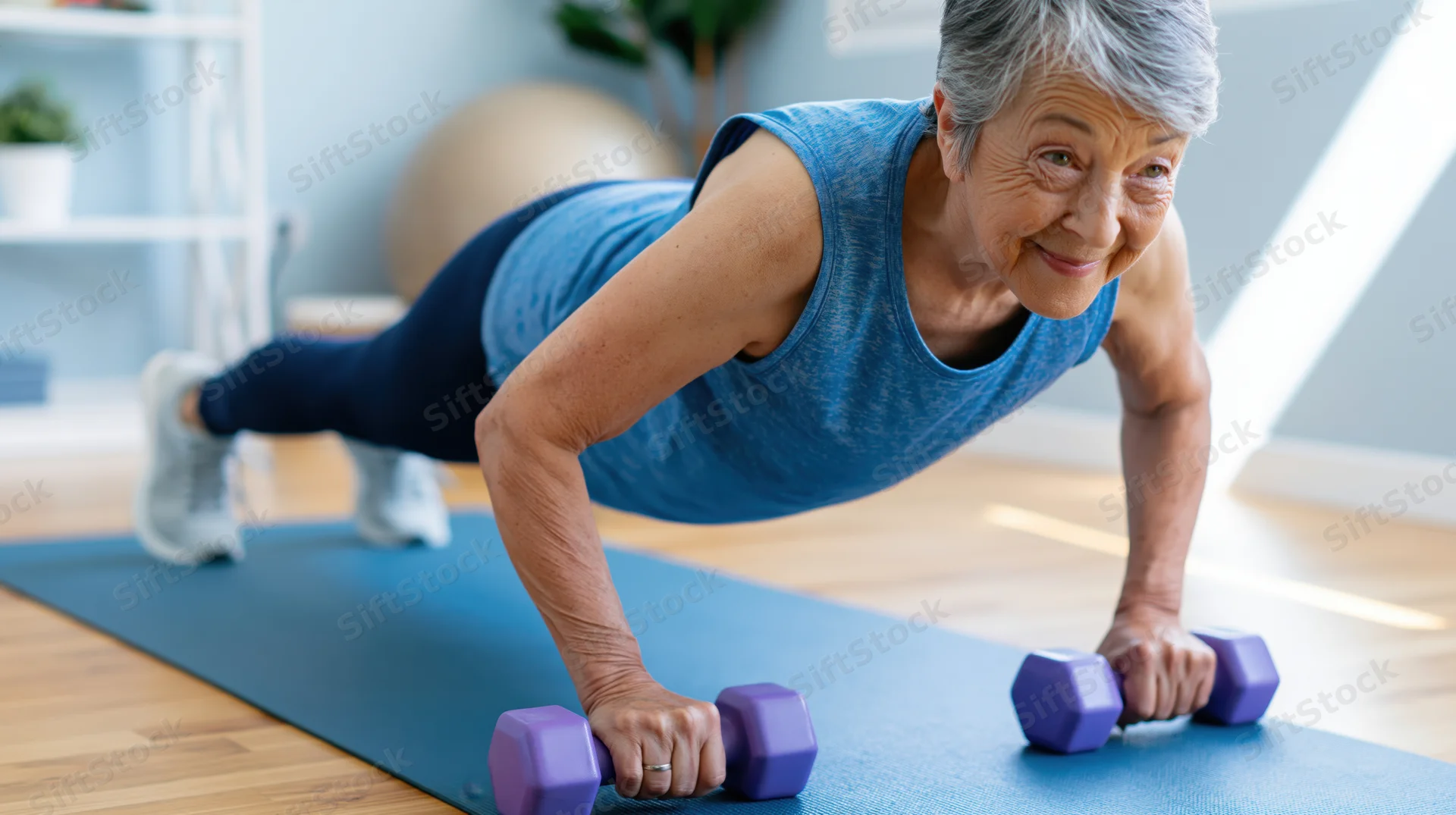 Senior woman doing pushups with dumbbells on a blue mat in a bright home gym