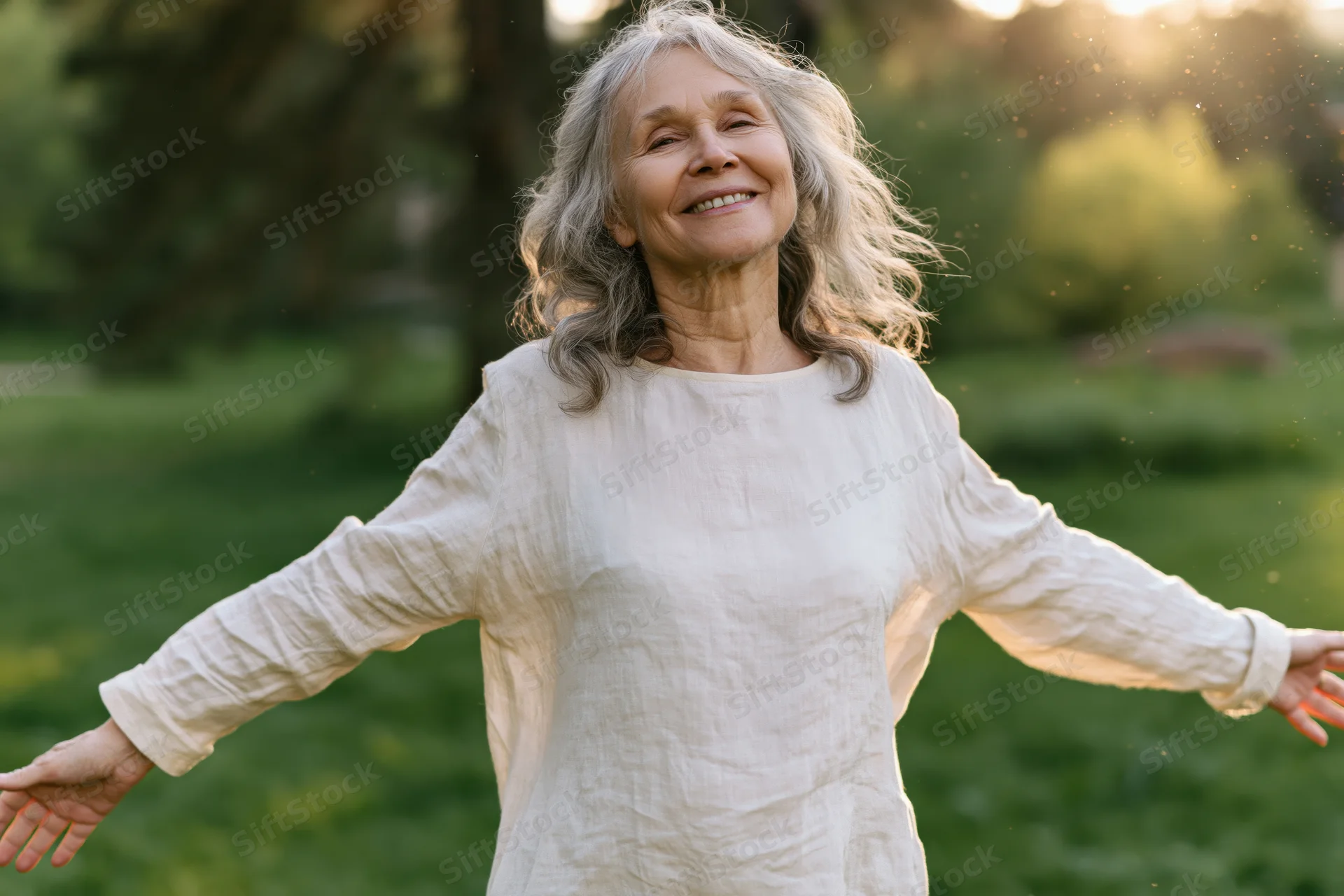 Senior woman smiling with arms open in a sunlit park