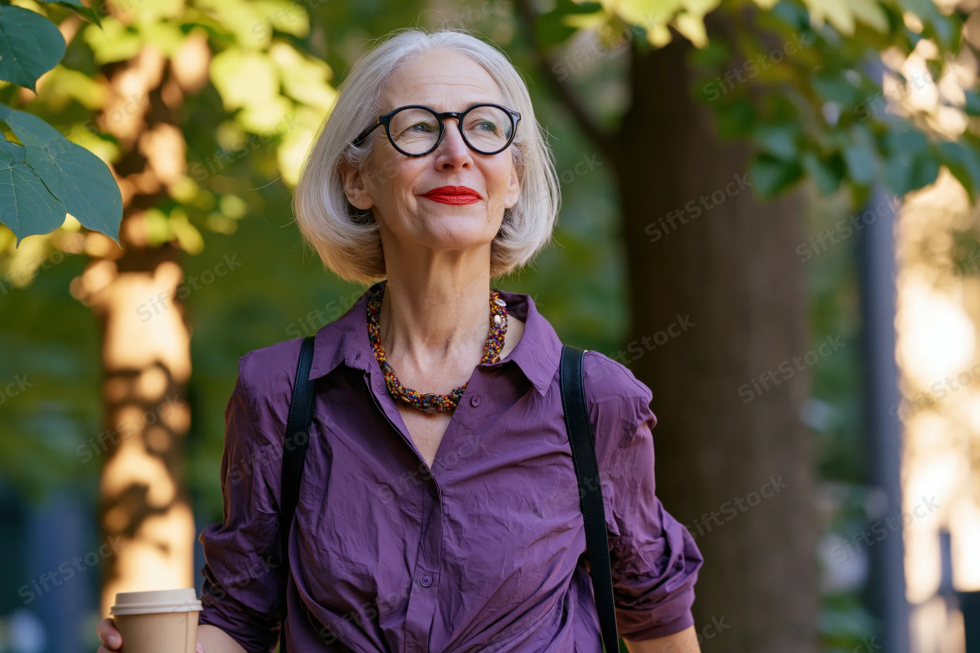 Senior woman smiling outdoors holding coffee cup in a park setting