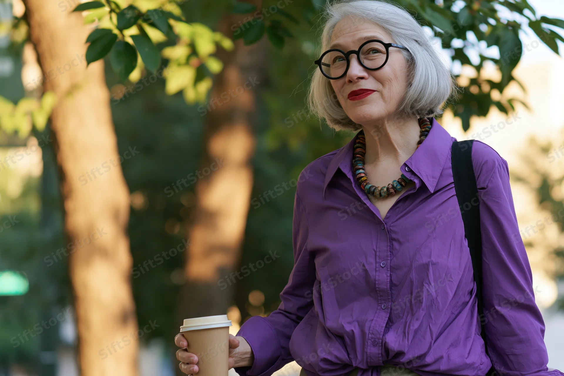 Senior woman holding coffee cup outdoors in park wearing purple shirt and round glasses