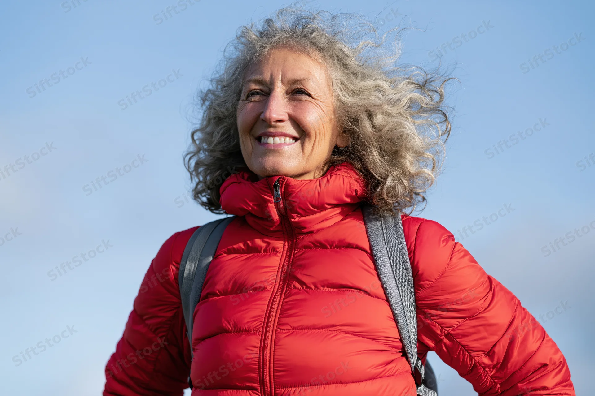 Senior woman smiling outdoors in red puffer jacket with backpack against blue sky