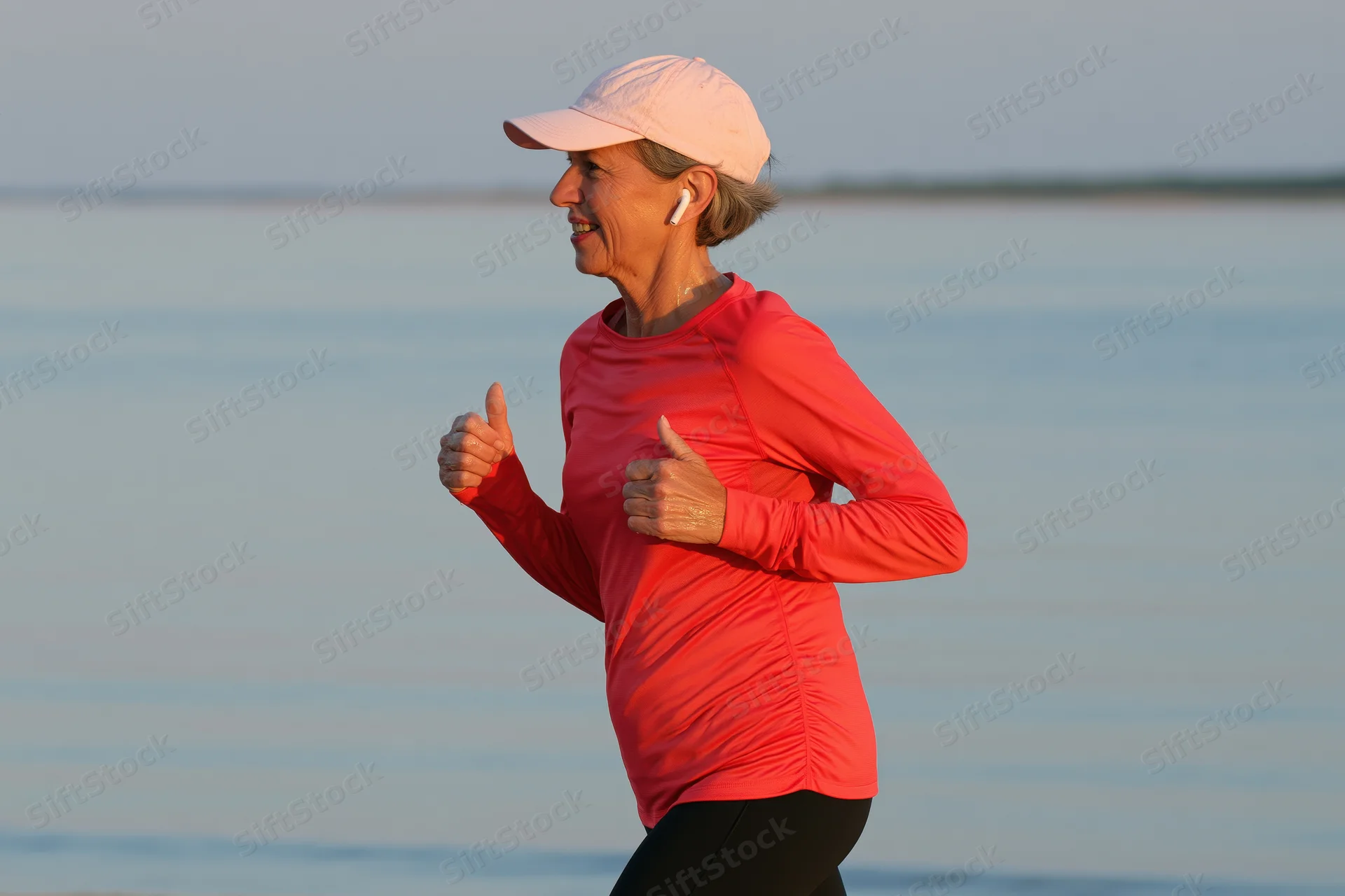 Senior woman running along waterfront in sportswear with earbuds and cap, smiling in morning light