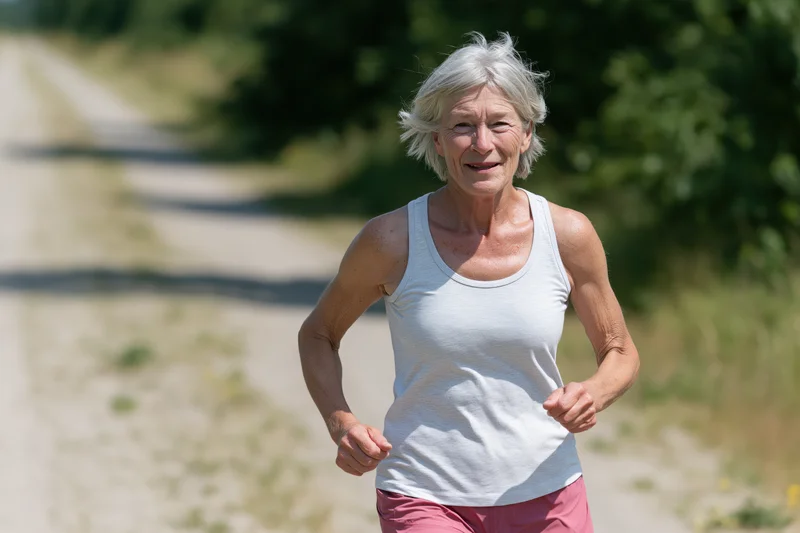 Senior woman running on a dirt path in a green outdoor setting