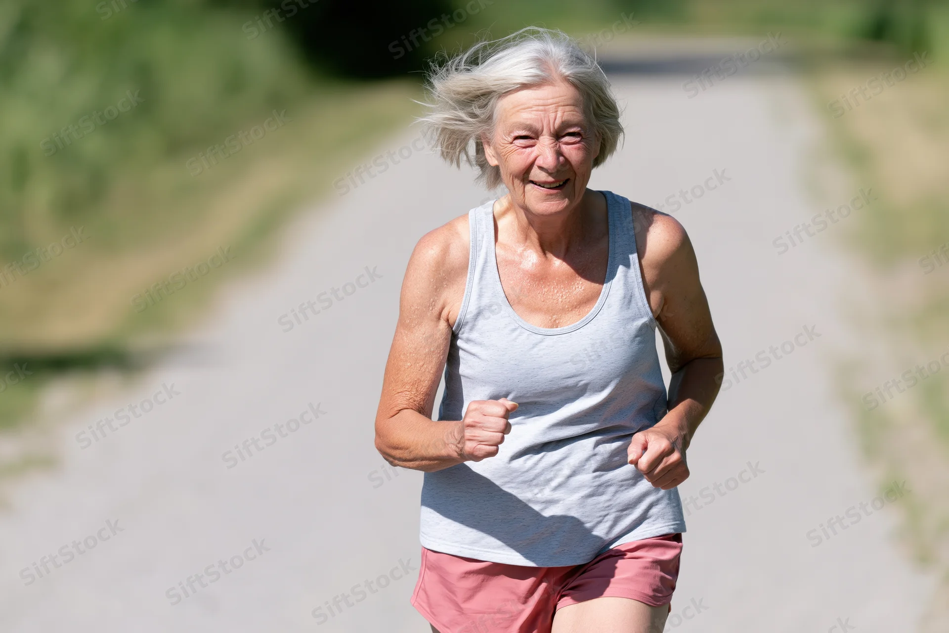 Senior woman running on a paved path outdoors smiling with windblown hair