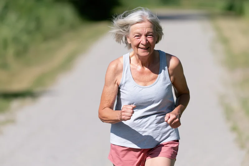 Senior woman running on a paved path outdoors smiling with windblown hair