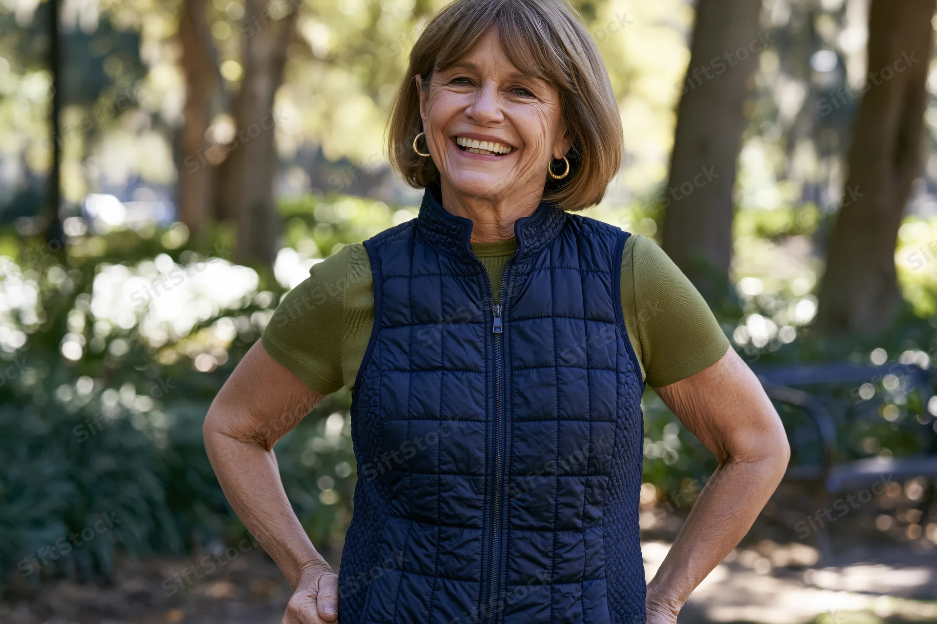 Senior woman smiling with hands on hips in a sunlit park surrounded by trees and greenery