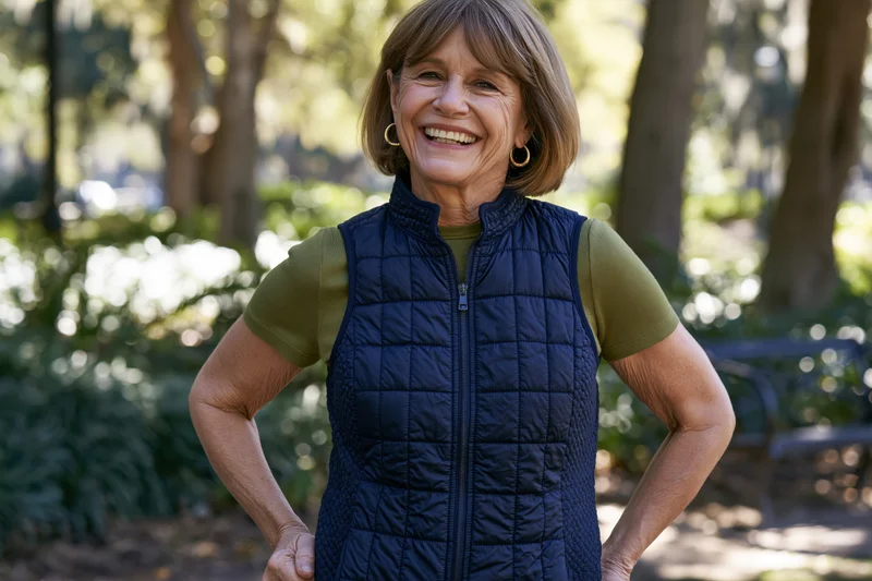 Senior woman smiling with hands on hips in a sunlit park surrounded by trees and greenery